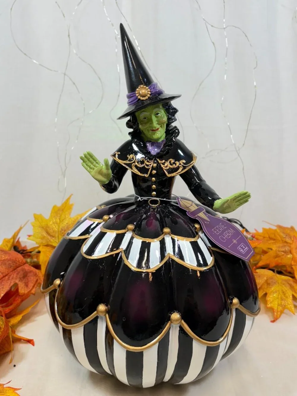 Eerie Charm Halloween Green Wicked Witch In Black & White Pumpkin Figurine 15